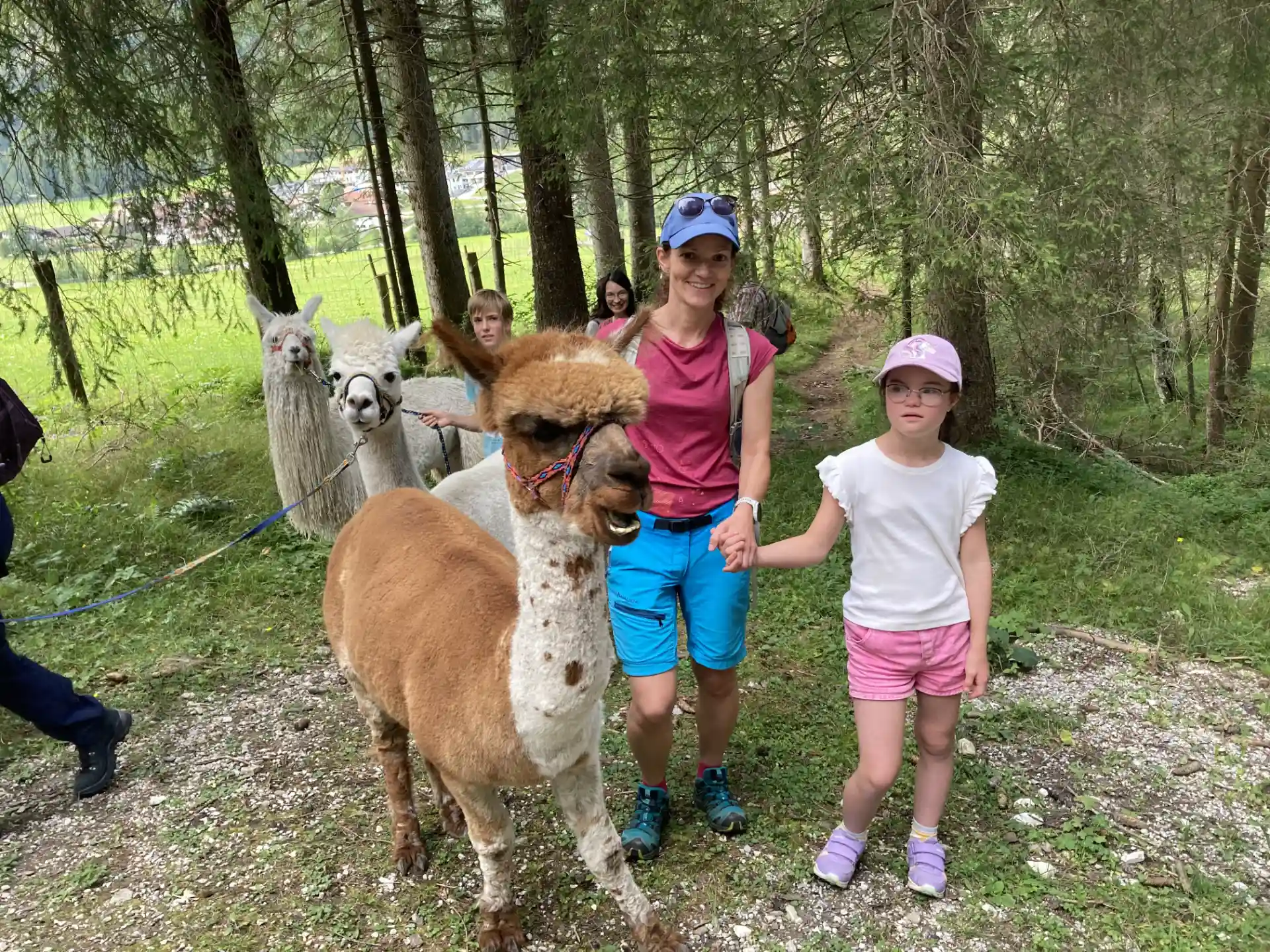 Mutter und Kind beim Alpakawandern